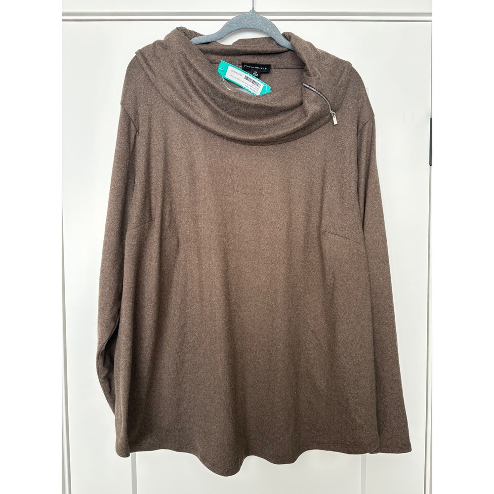 Fortune Ivy Katelyn Cowl Neck‎ Zipper Grunge Boho Knit Top Olive Brown 2X New